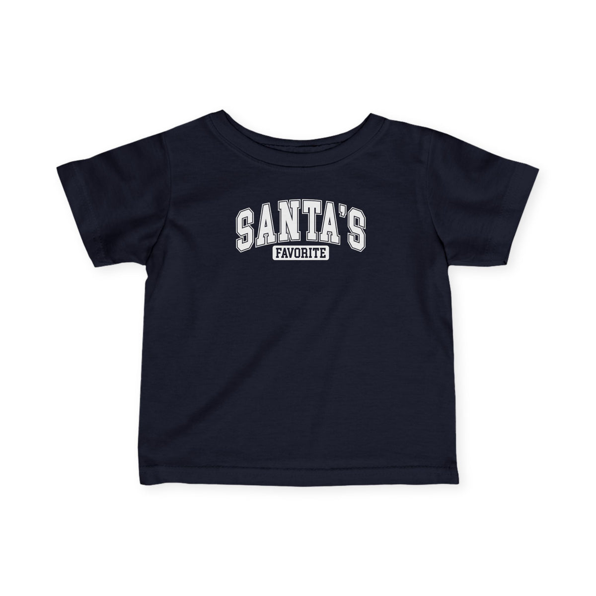 Navy Santa's Favorite baby t-shirt with varsity letters, front view