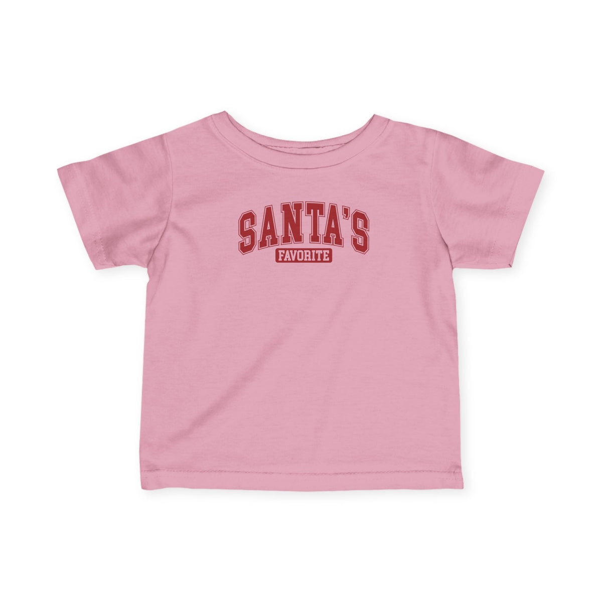Pink Santa's Favorite baby t-shirt with varsity letters, front view