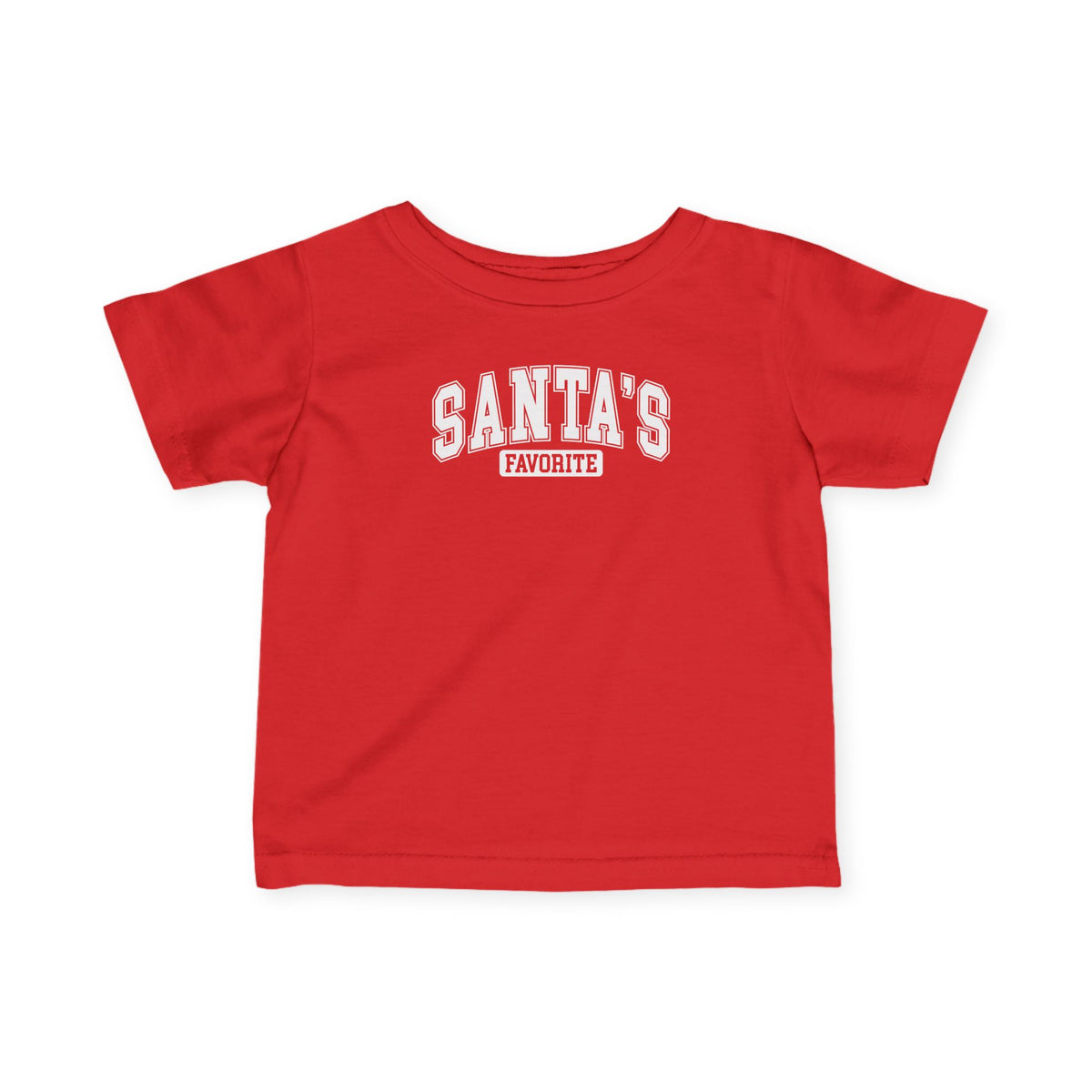 Red Santa's Favorite baby t-shirt with varsity letters, front view