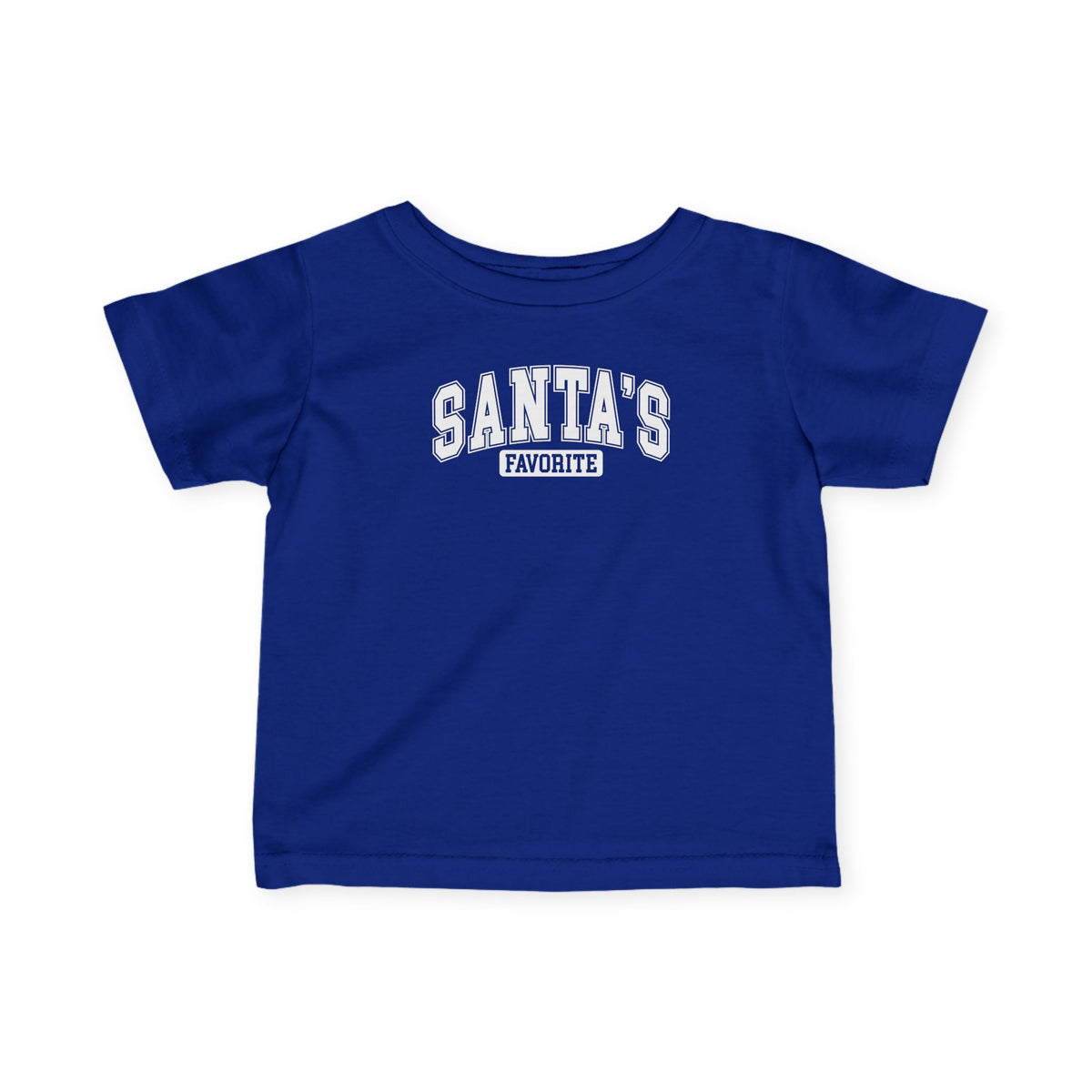 Royal Santa's Favorite baby t-shirt with varsity letters, front view