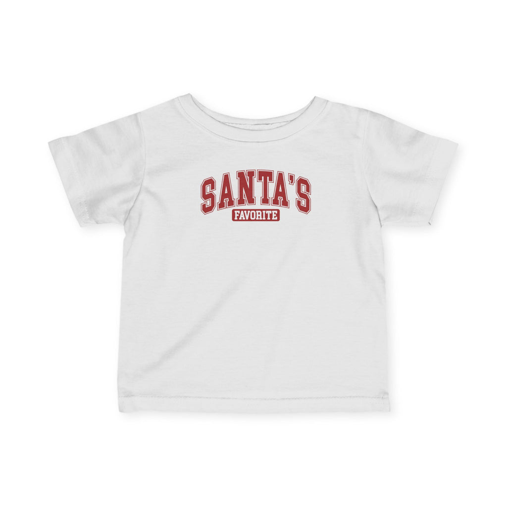 White Santa's Favorite baby t-shirt with varsity letters, front view