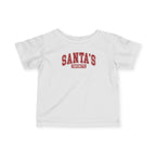 White Santa's Favorite baby t-shirt with varsity letters, front view