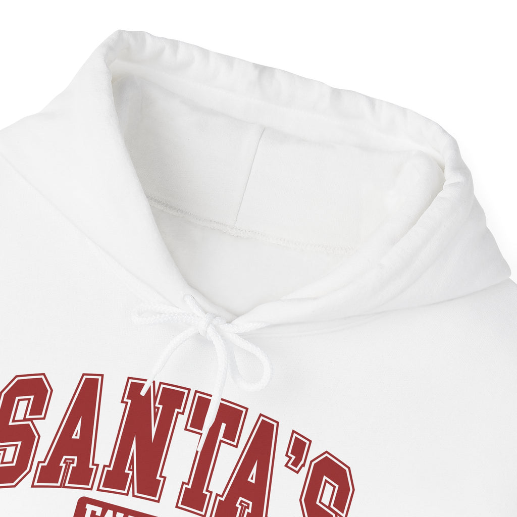 Santa's Favorite Varsity Christmas Hoodie, front collar close-up