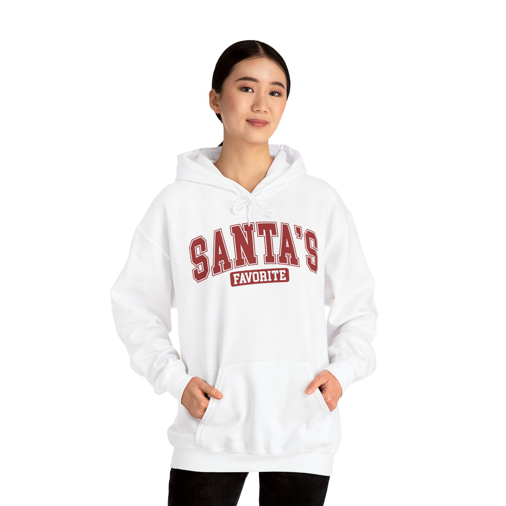 Woman wearing the White Santa's Favorite Varsity Christmas Hoodie