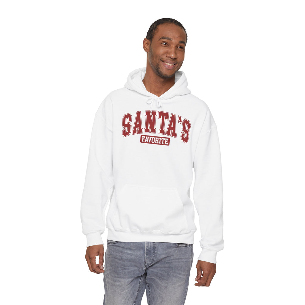Man wearing the White Santa's Favorite Varsity Christmas Hoodie