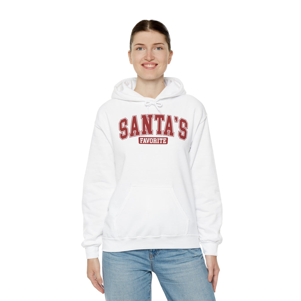 Woman wearing the White Santa's Favorite Varsity Christmas Hoodie, second model