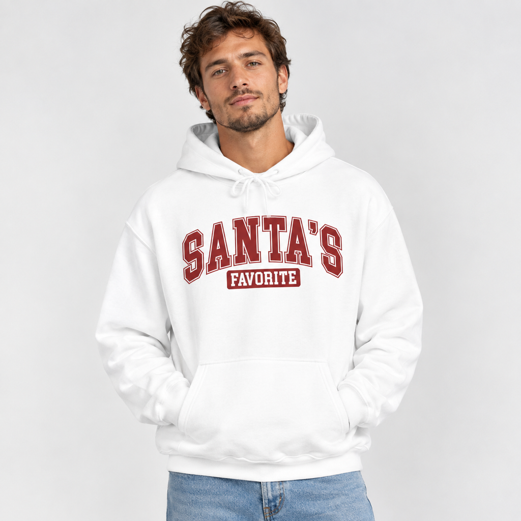 Man wearing the White Santa's Favorite Varsity Christmas Hoodie with jeans