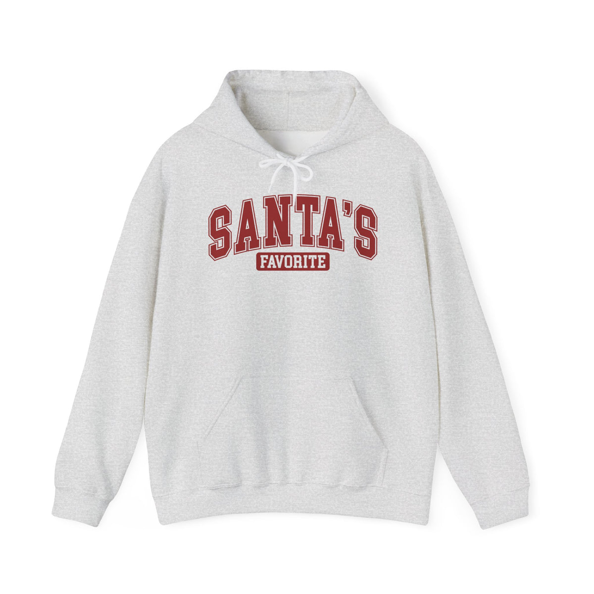 Ash Santa's Favorite hoodie with red varsity letters, front view