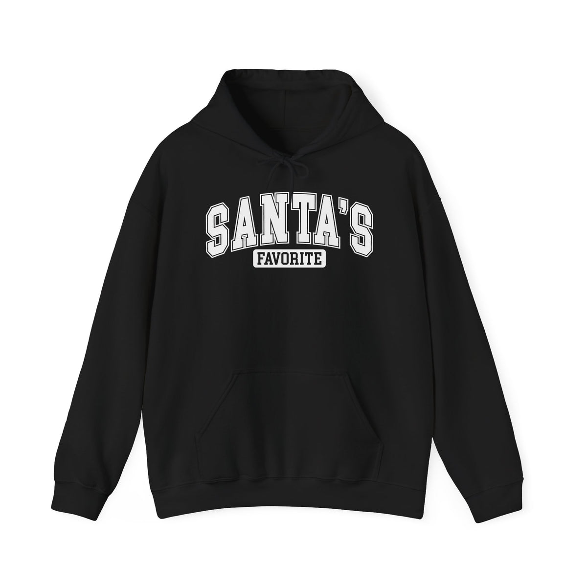 Black Santa's Favorite hoodie with red varsity letters, front view