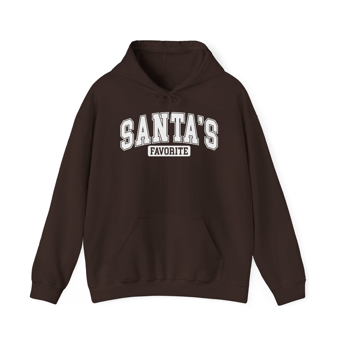 Dark Chocolate Santa's Favorite hoodie with red varsity letters, front view