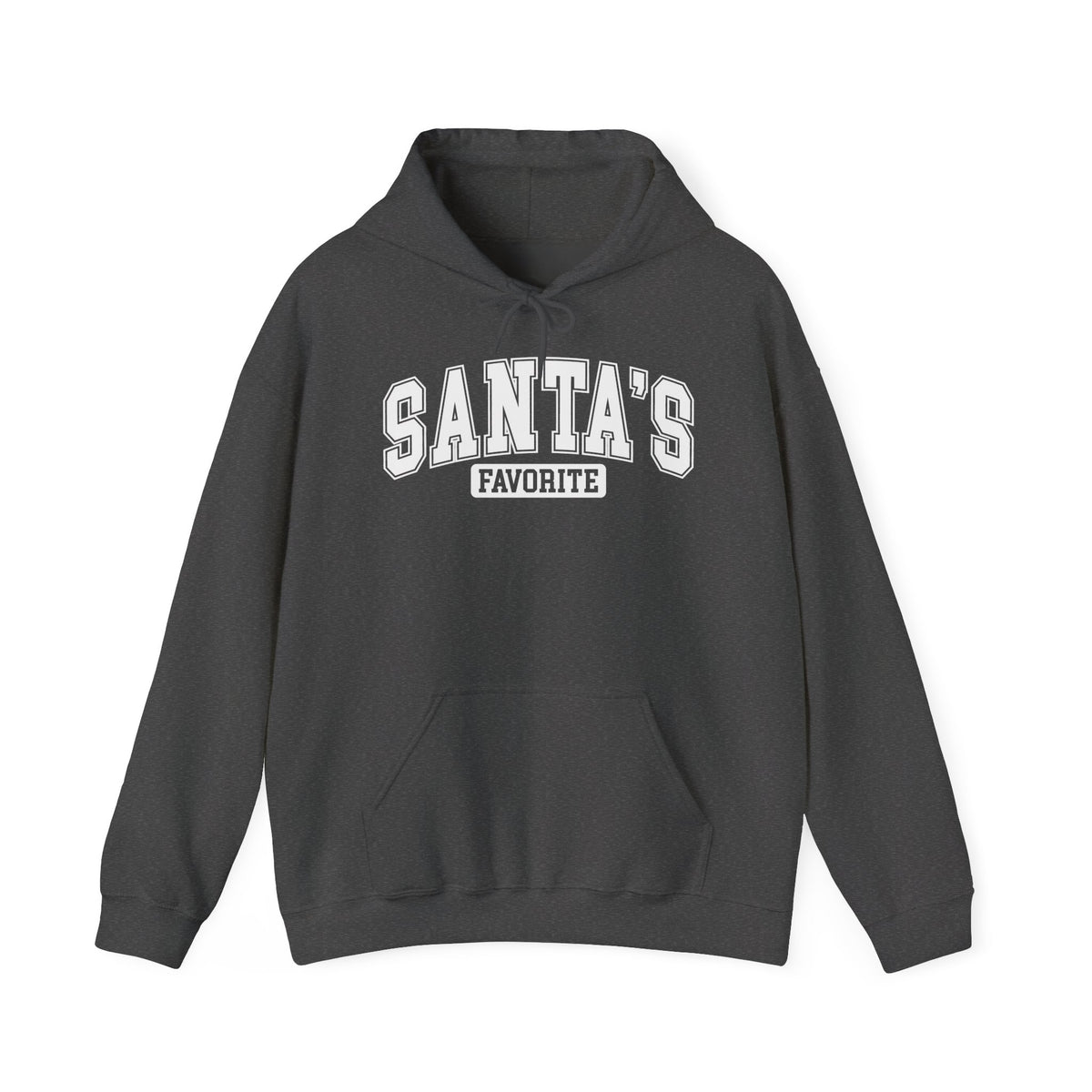 Dark Heather Santa's Favorite hoodie with red varsity letters, front view