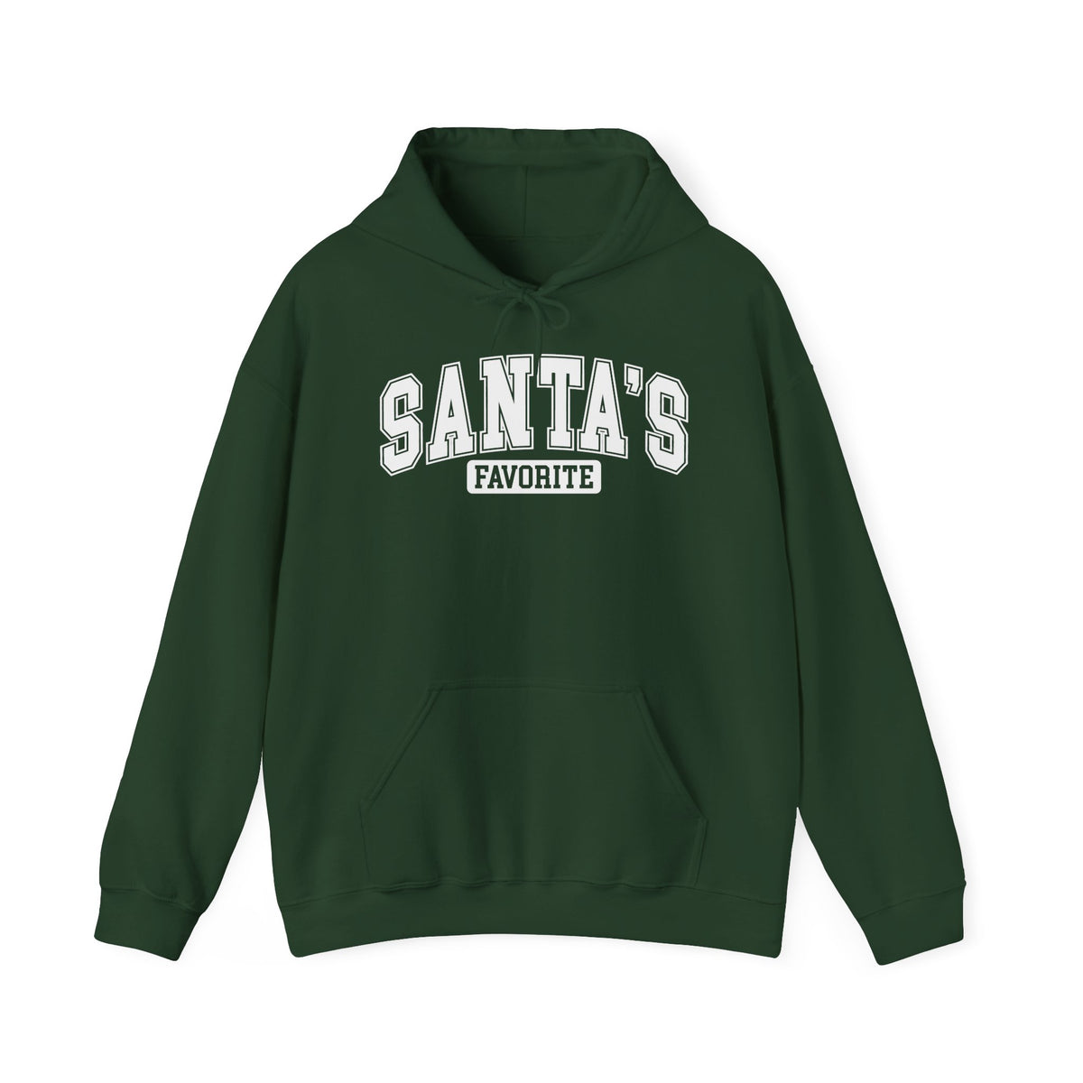 Forest Green Santa's Favorite hoodie with red varsity letters, front view