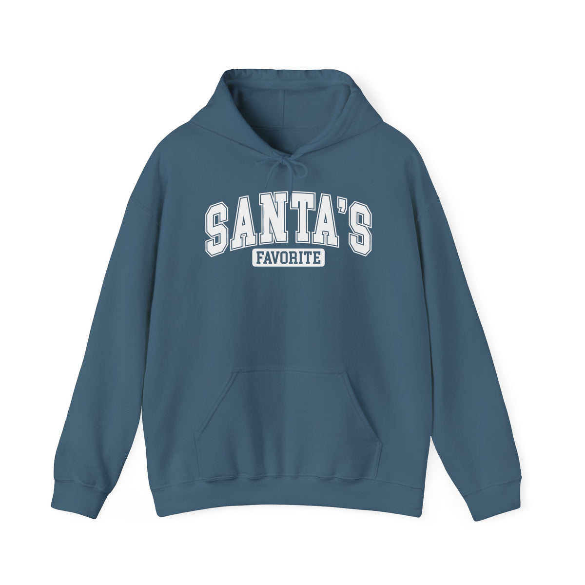 Indigo Blue Santa's Favorite hoodie with red varsity letters, front view