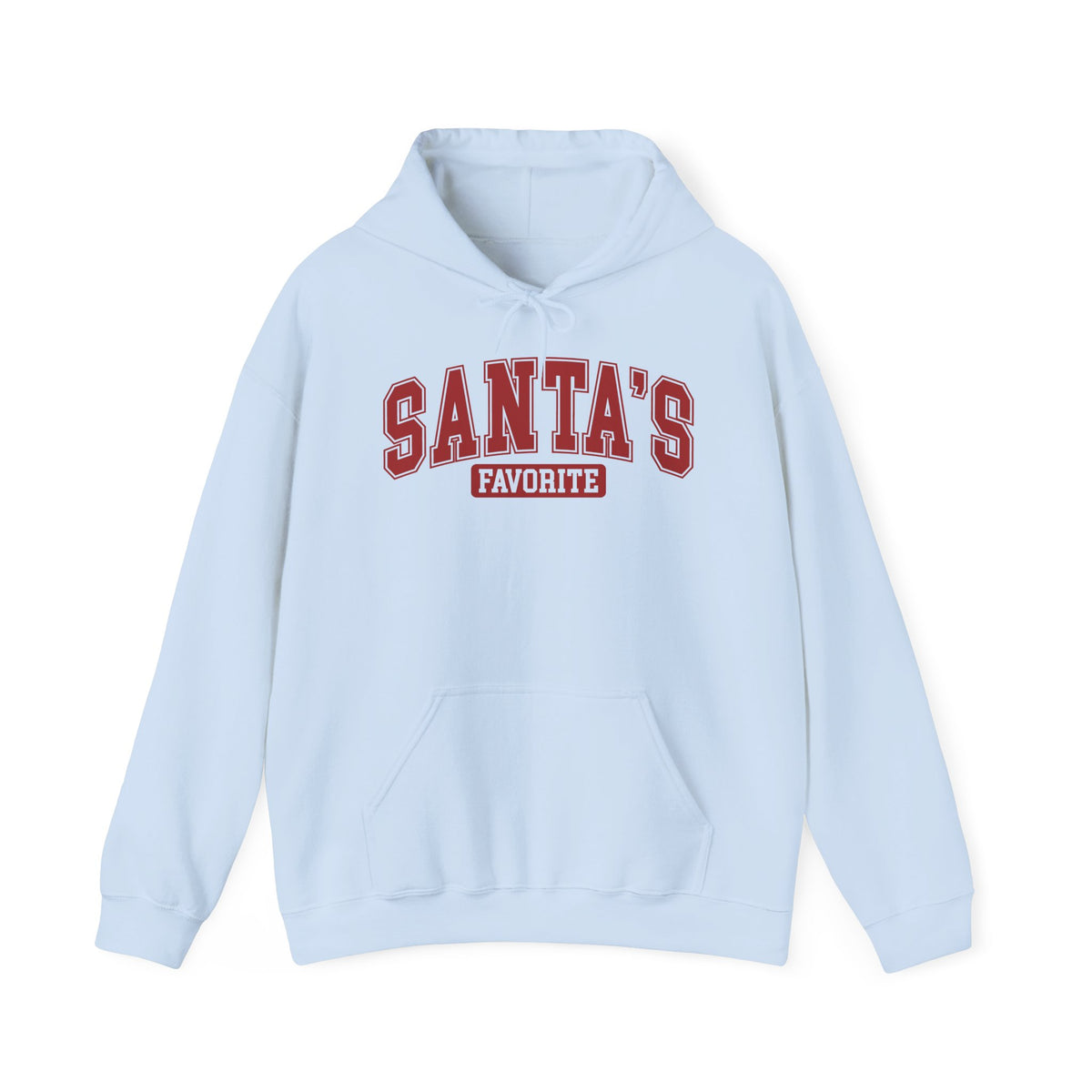 Light Blue Santa's Favorite hoodie with red varsity letters, front view