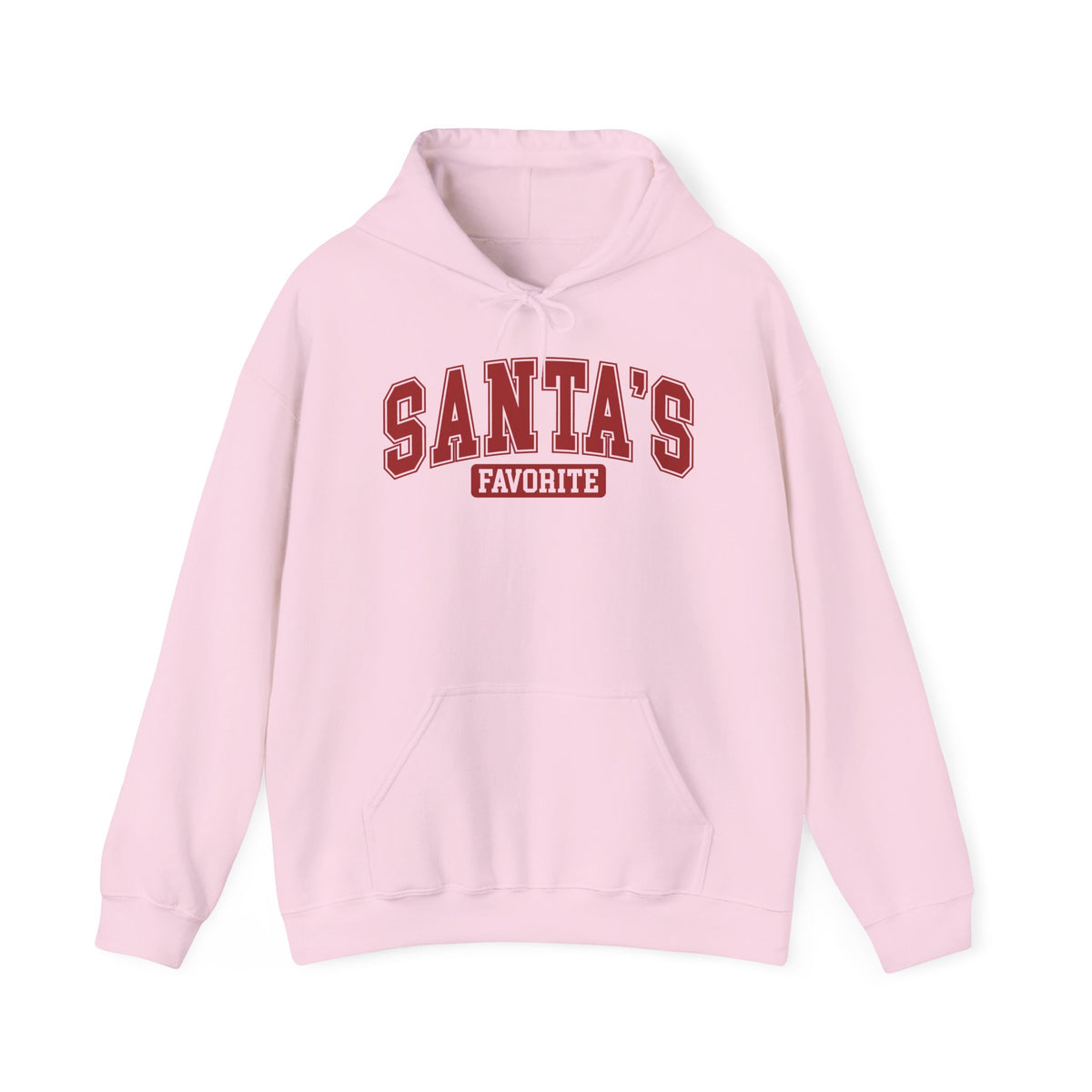 Light Pink Santa's Favorite hoodie with red varsity letters, front view