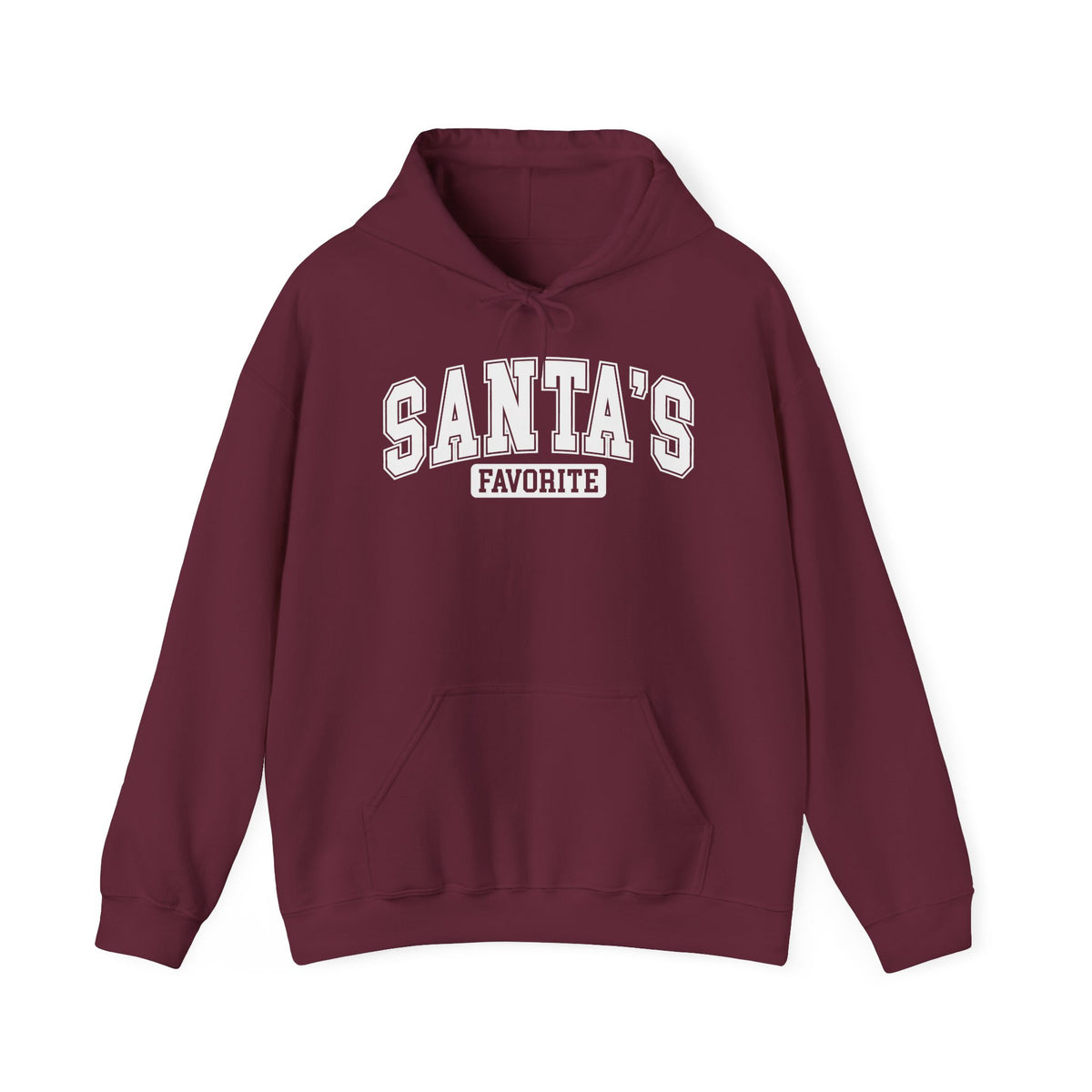 Maroon Santa's Favorite hoodie with red varsity letters, front view