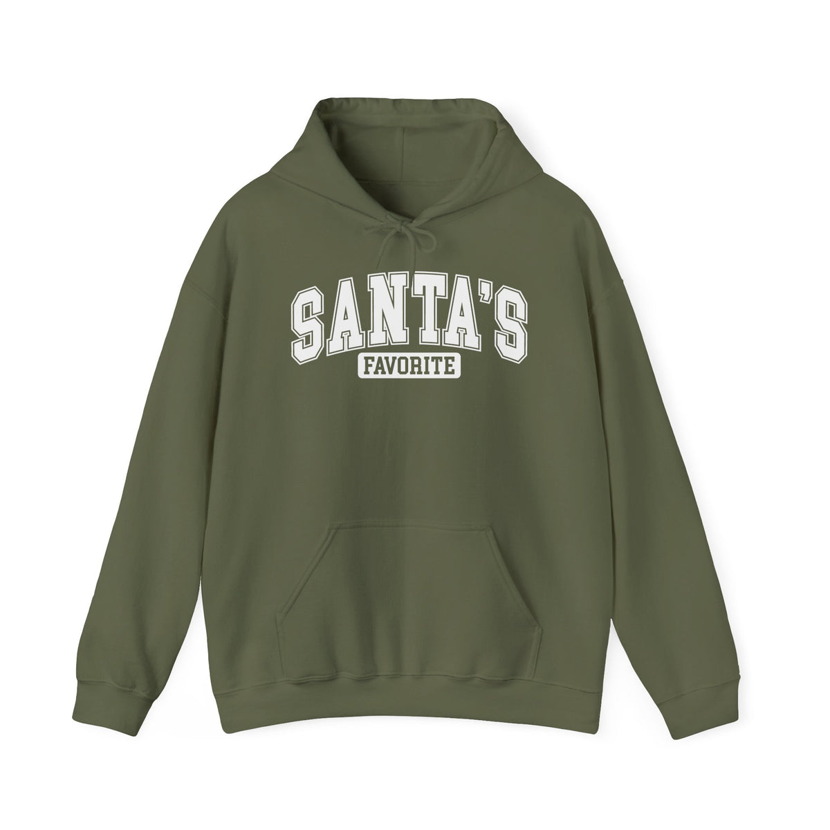 Military Green Santa's Favorite hoodie with red varsity letters, front view