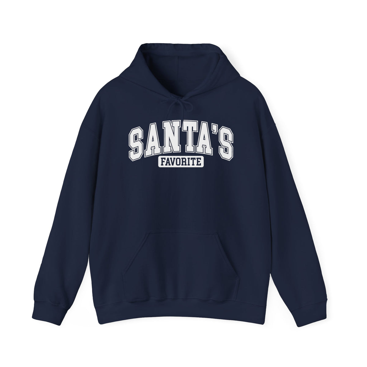 Navy Santa's Favorite hoodie with red varsity letters, front view