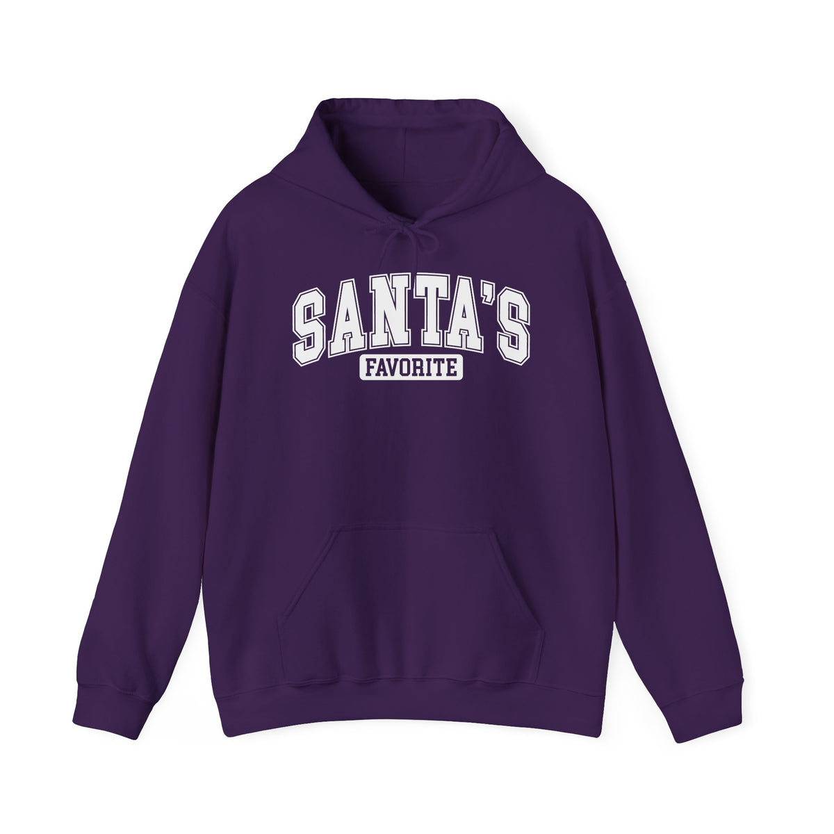 Purple Santa's Favorite hoodie with red varsity letters, front view