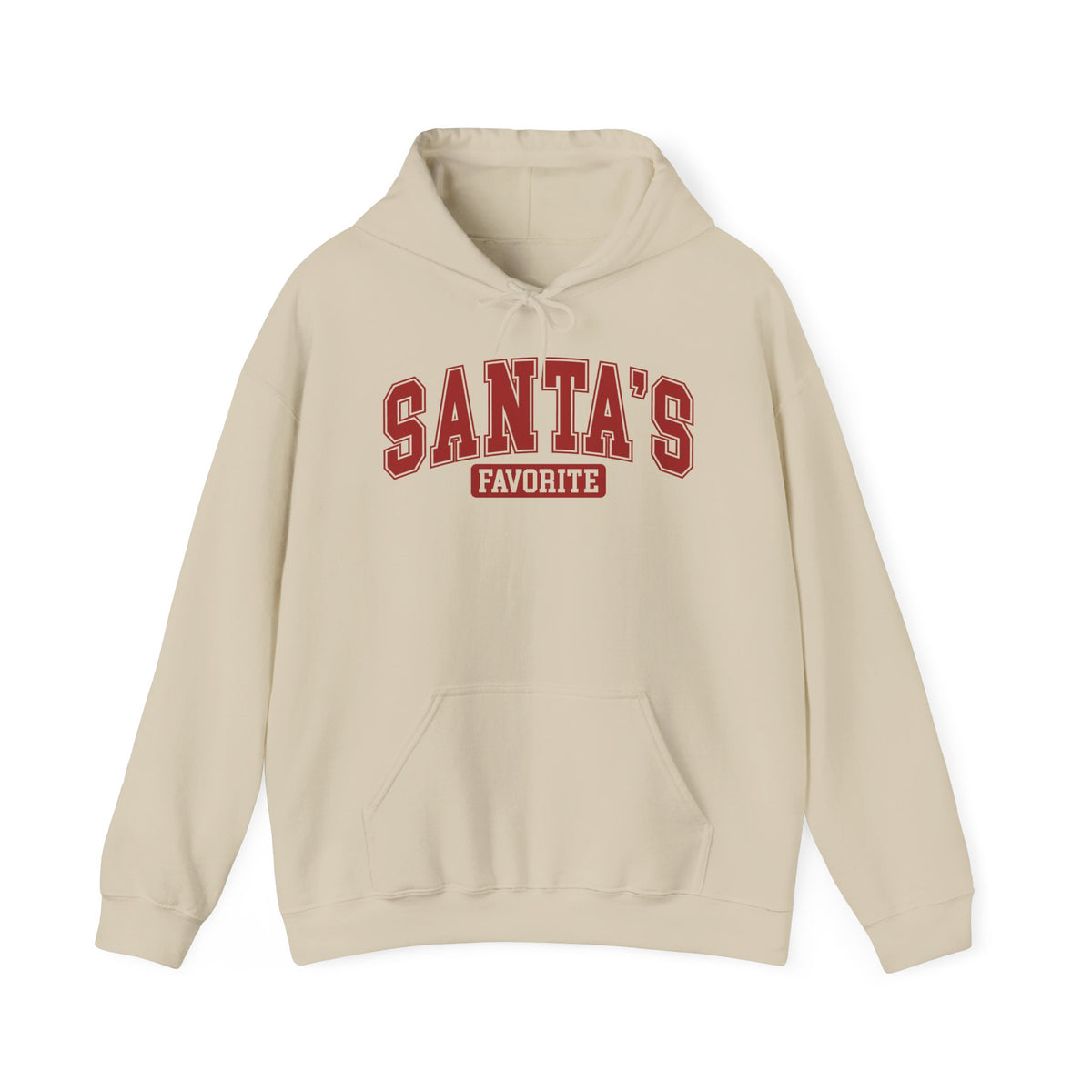 Sand Santa's Favorite hoodie with red varsity letters, front view