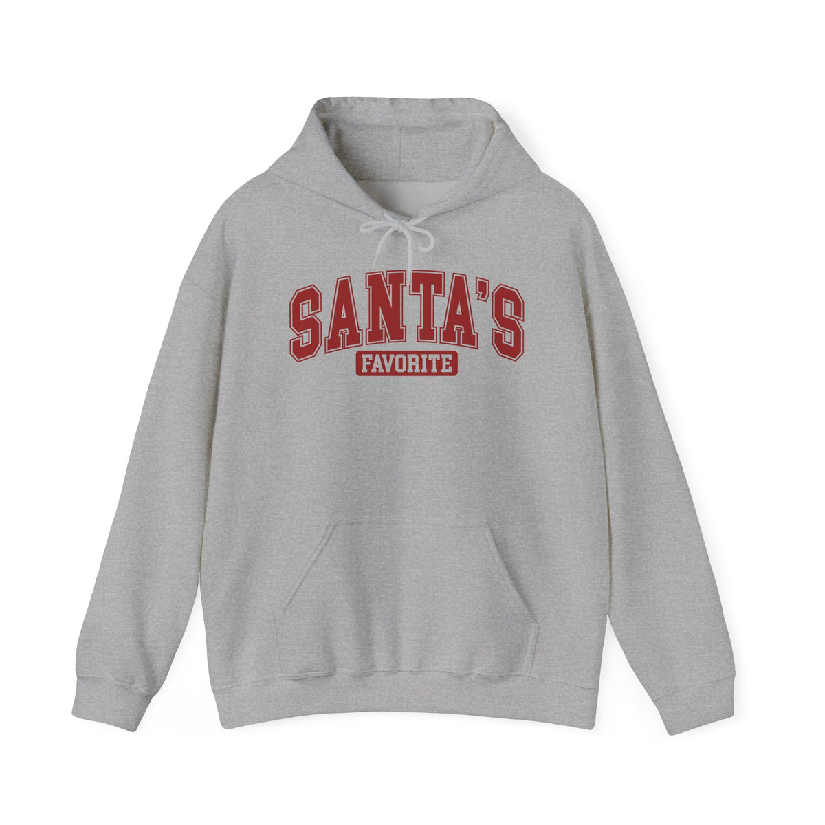 Sport Grey Santa's Favorite hoodie with red varsity letters, front view