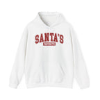 White Santa's Favorite hoodie with red varsity letters, front view