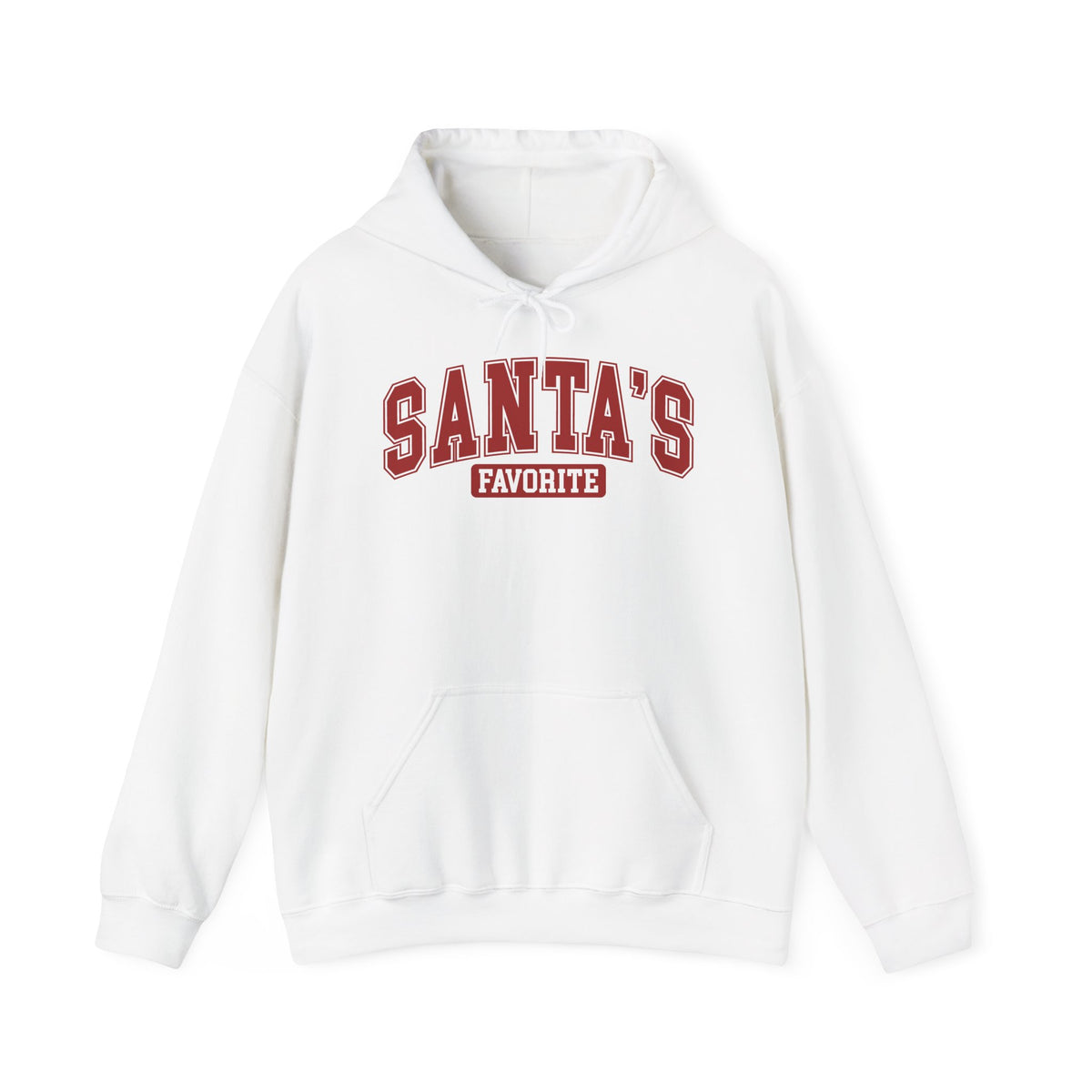 White Santa's Favorite hoodie with red varsity letters, front view