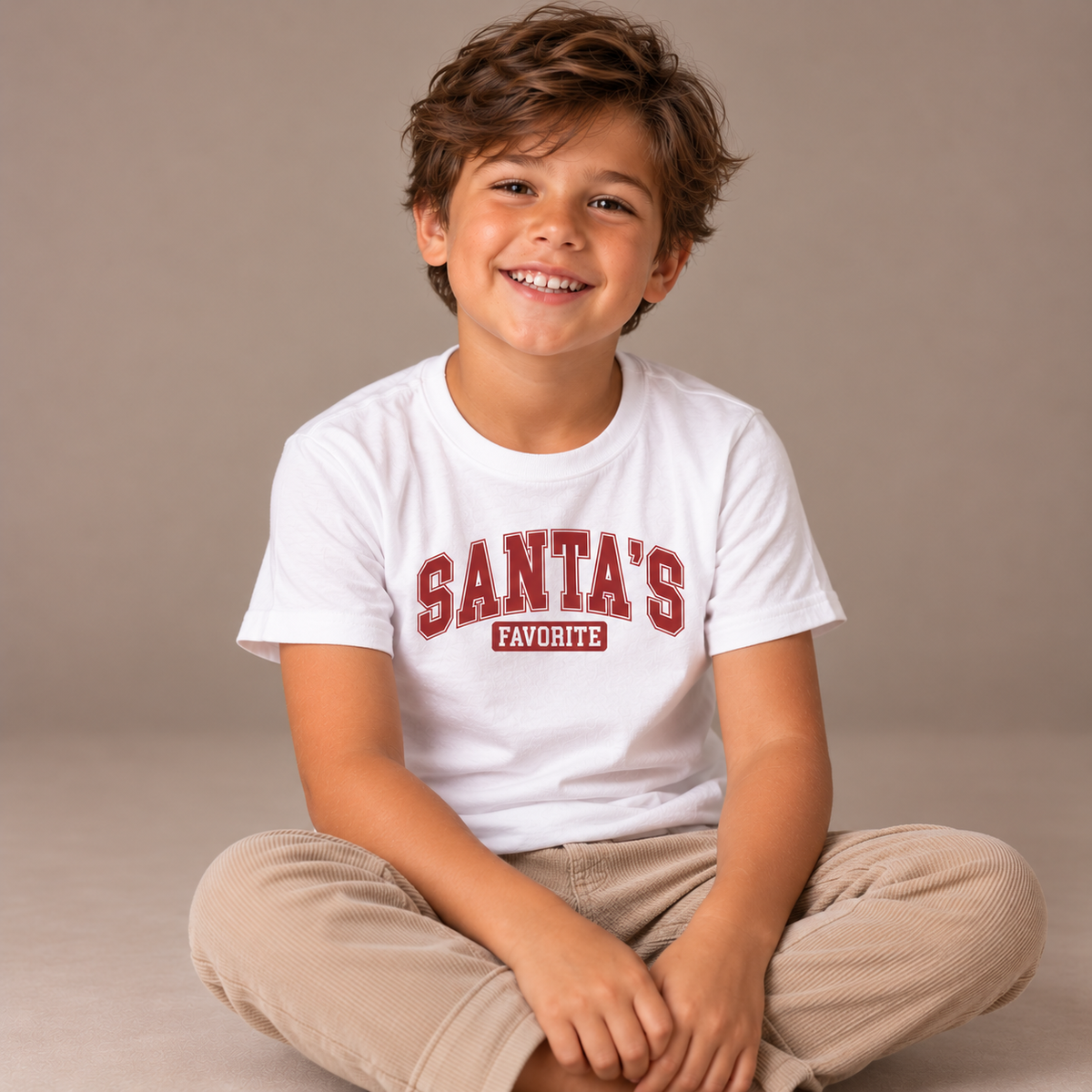 Boy wearing the White Santa's Favorite Varsity Christmas Kids T-Shirt