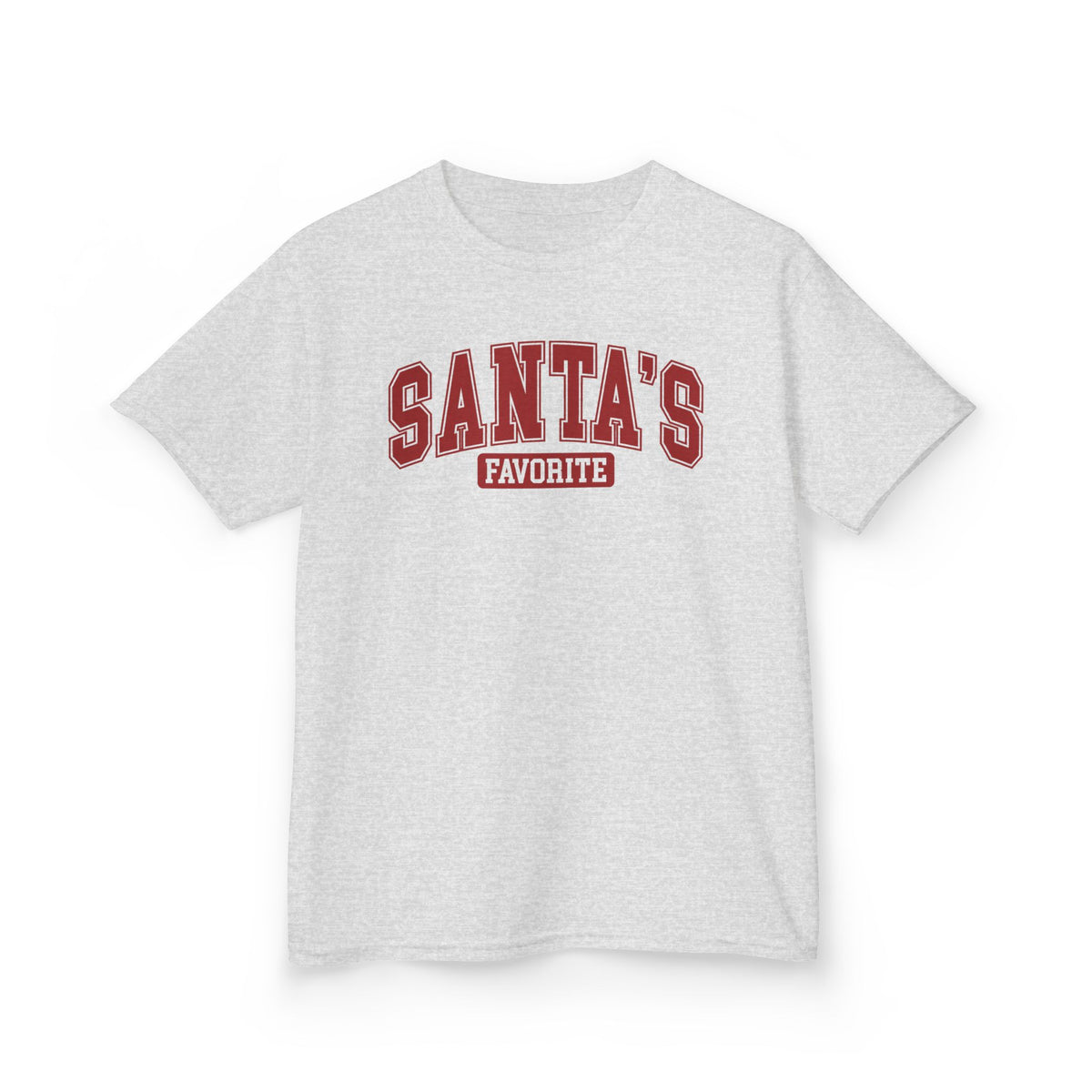 Ash Santa's Favorite kids t-shirt with varsity letters, front view