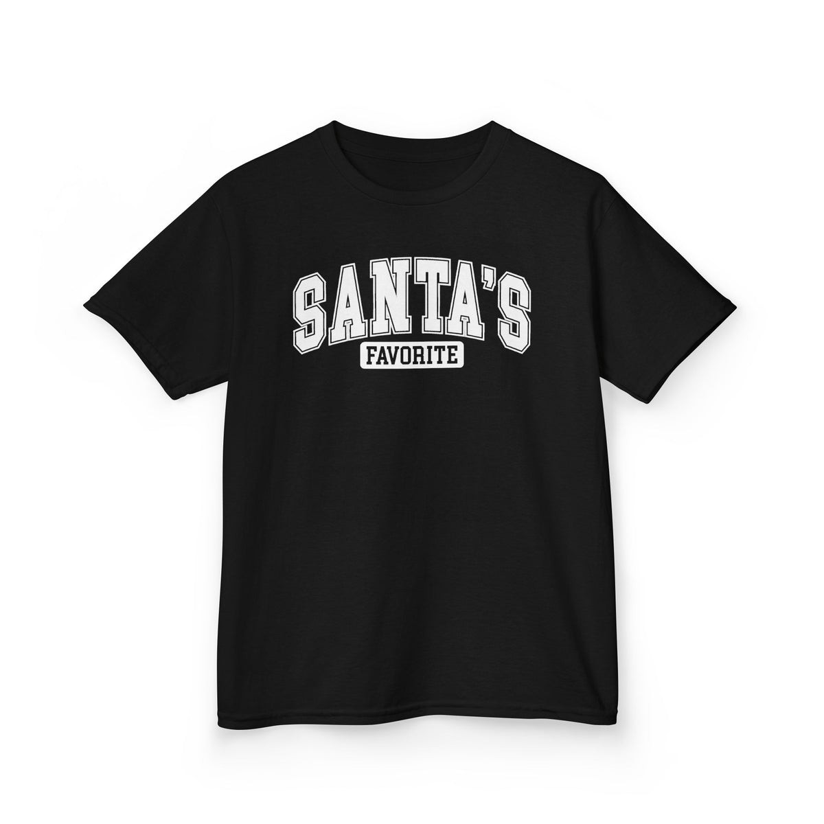Black Santa's Favorite kids t-shirt with varsity letters, front view