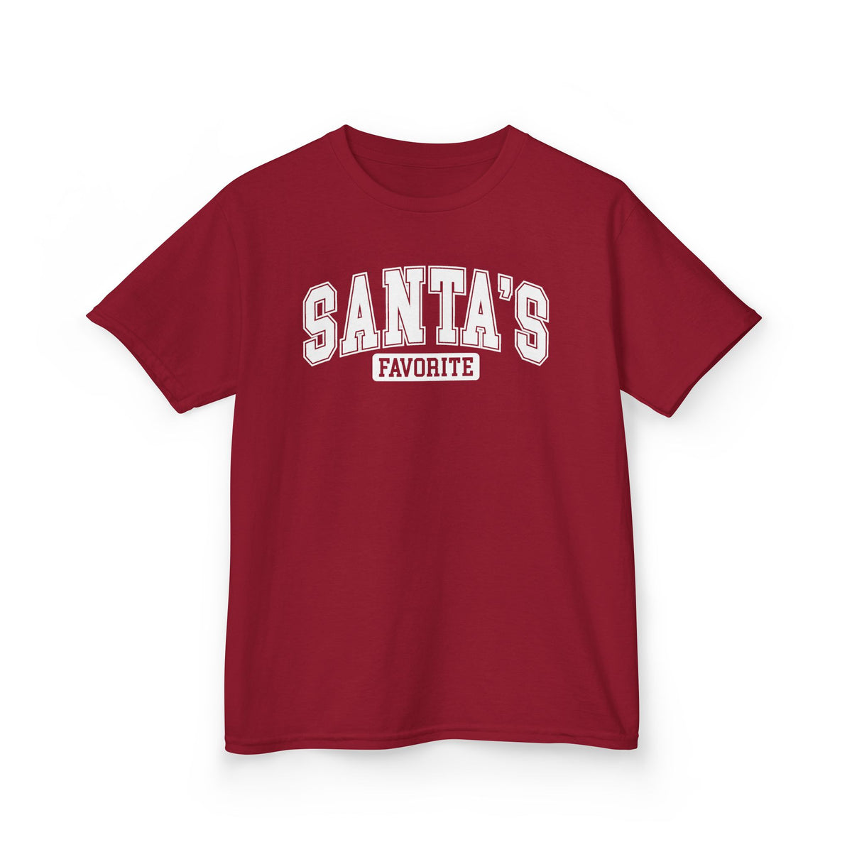 Cardinal Red Santa's Favorite kids t-shirt with varsity letters, front view