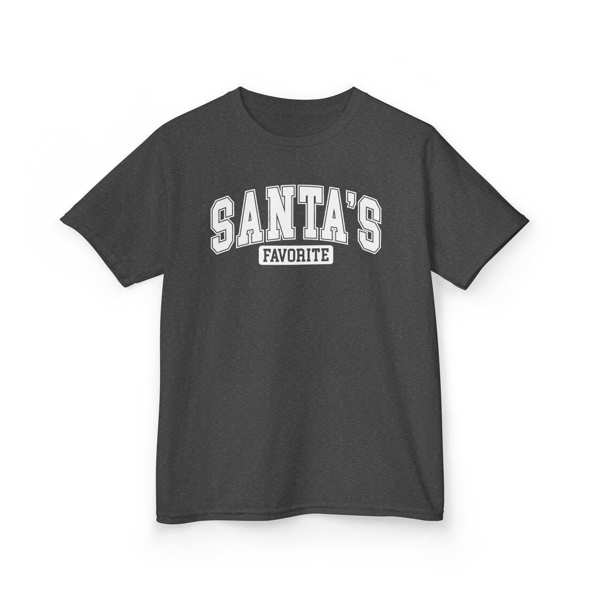 Dark Heather Santa's Favorite kids t-shirt with varsity letters, front view