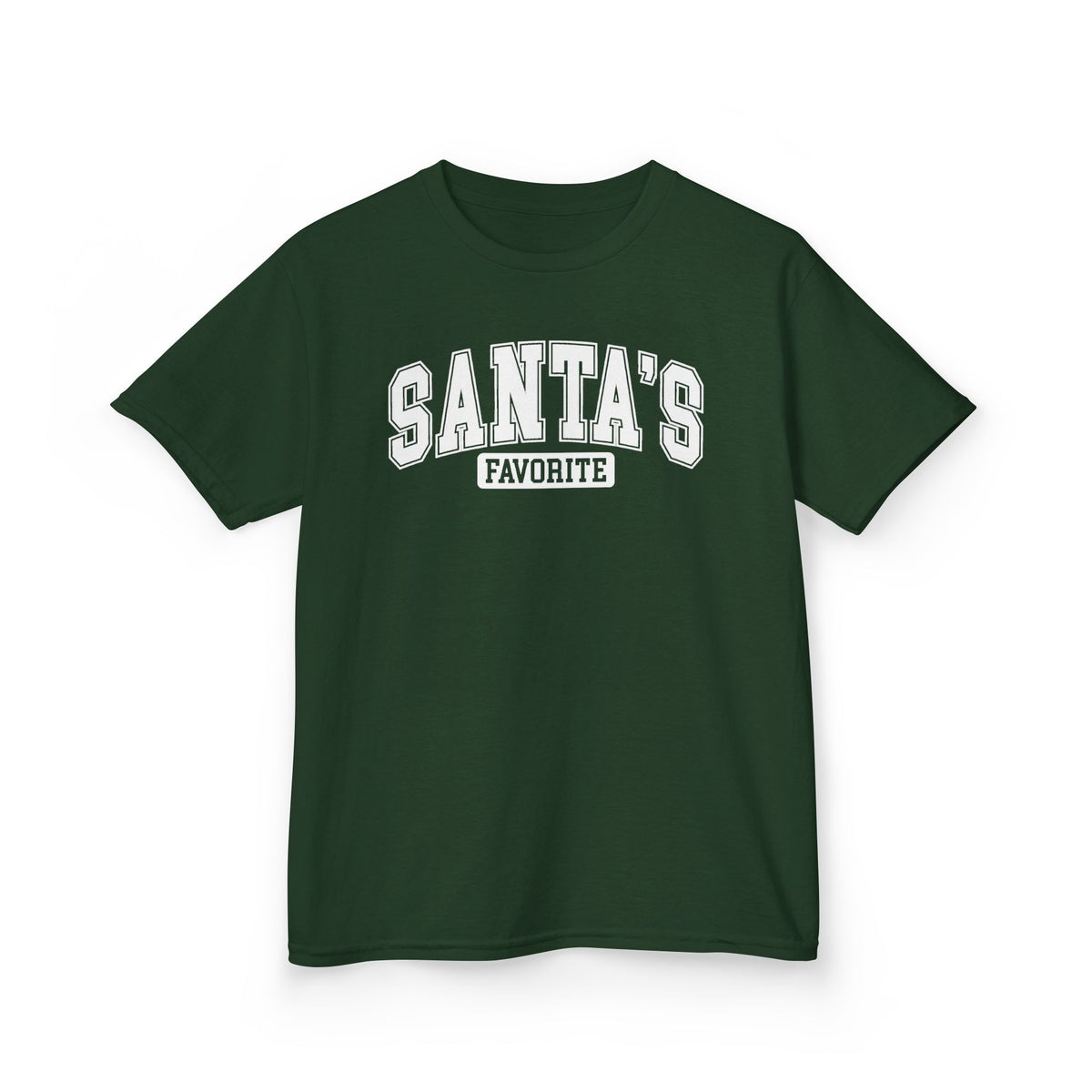 Forest Green Santa's Favorite kids t-shirt with varsity letters, front view
