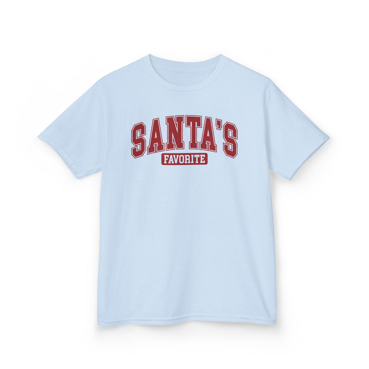 Light Blue Santa's Favorite kids t-shirt with varsity letters, front view