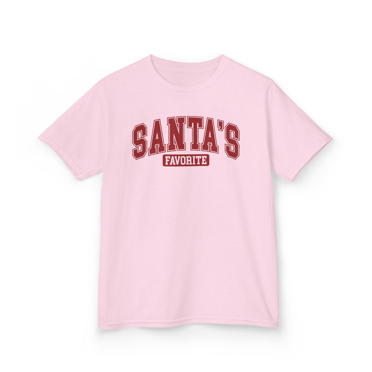 Light Pink Santa's Favorite kids t-shirt with varsity letters, front view