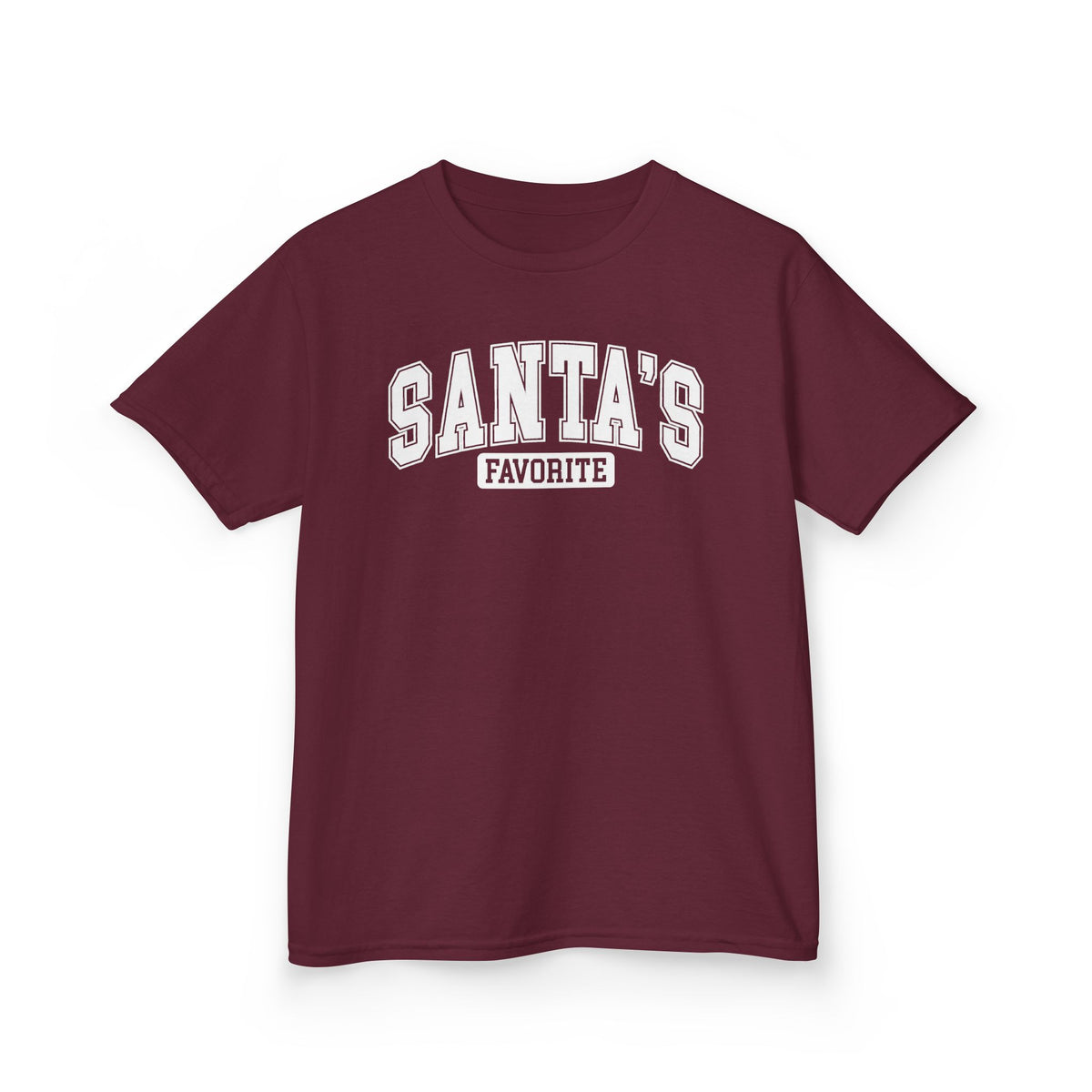 Maroon Santa's Favorite kids t-shirt with varsity letters, front view