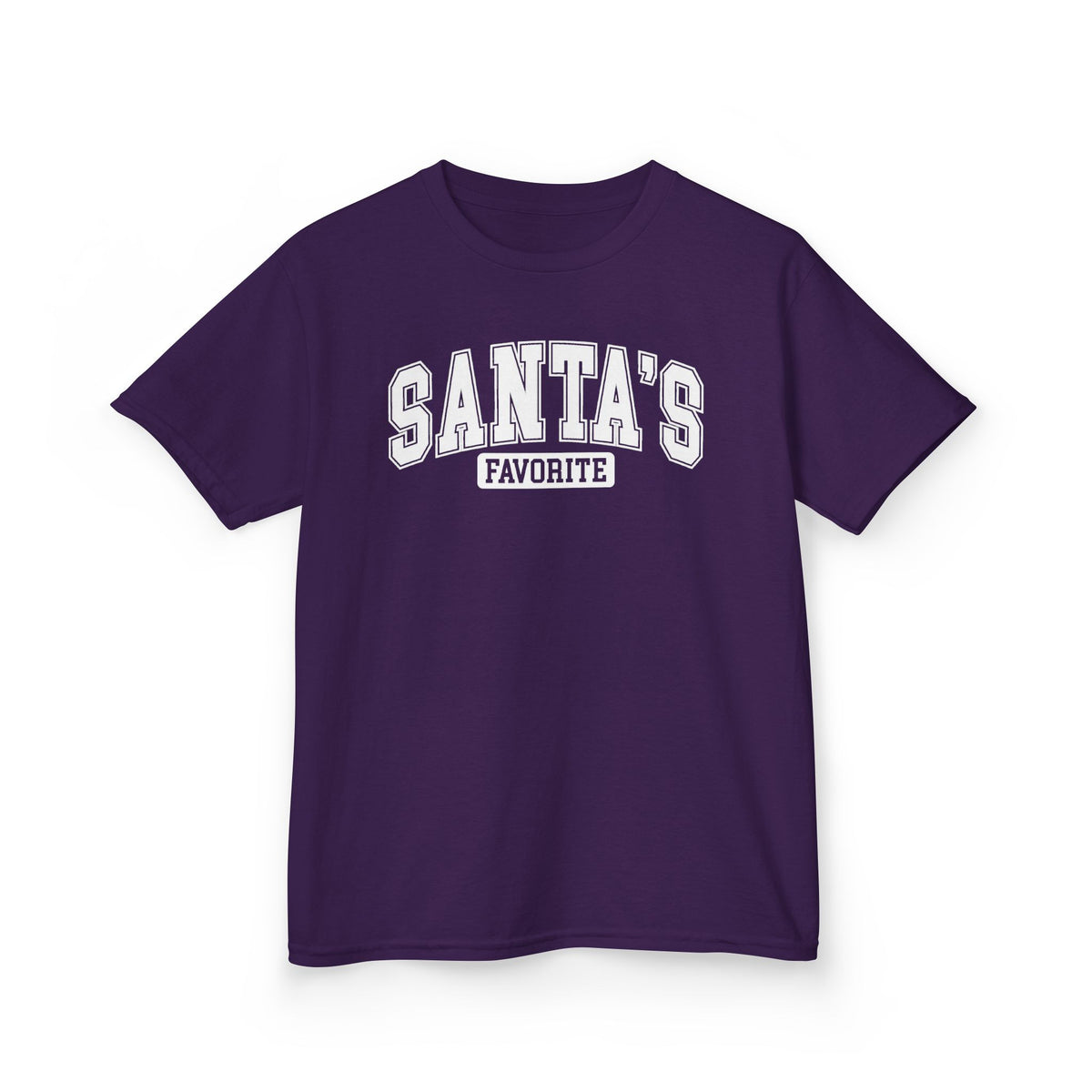 Purple Santa's Favorite kids t-shirt with varsity letters, front view