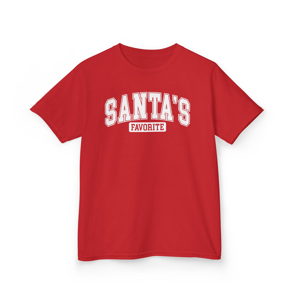 Red Santa's Favorite kids t-shirt with varsity letters, front view