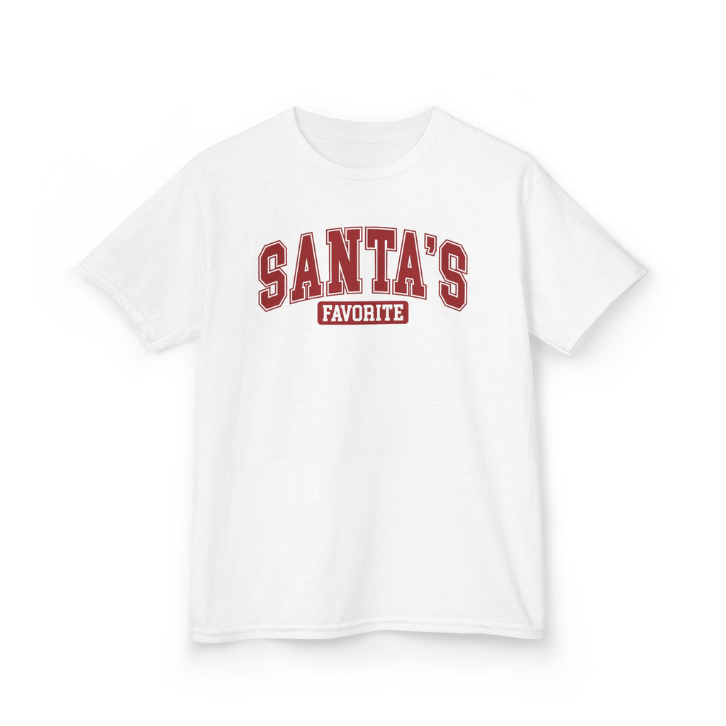 White Santa's Favorite kids t-shirt with varsity letters, front view
