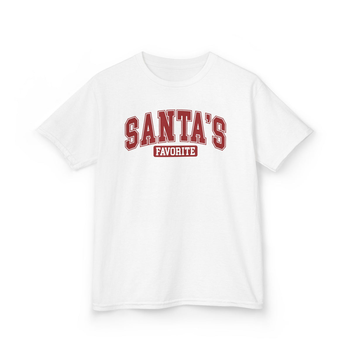 White Santa's Favorite kids t-shirt with varsity letters, front view