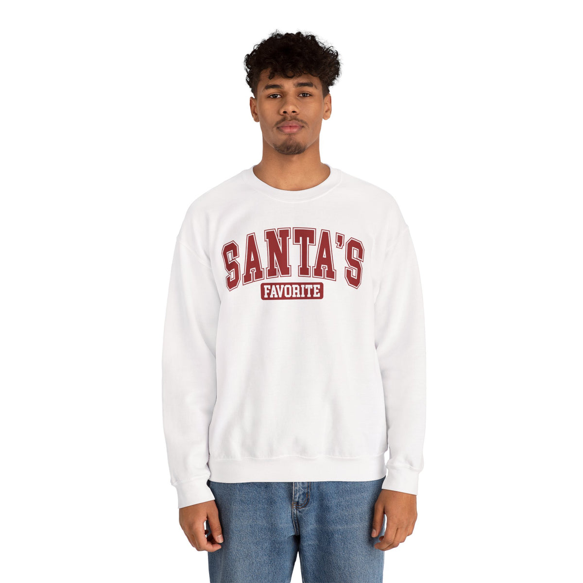Man wearing the White Santa's Favorite Varsity Christmas Sweatshirt