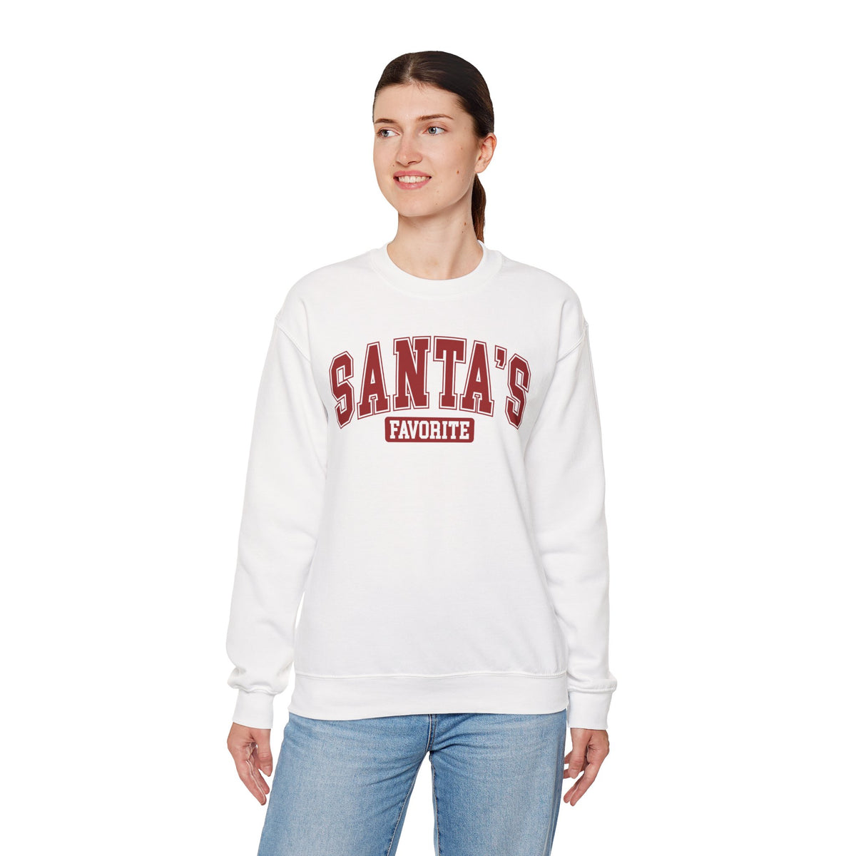 Woman wearing the White Santa's Favorite Varsity Christmas Sweatshirt