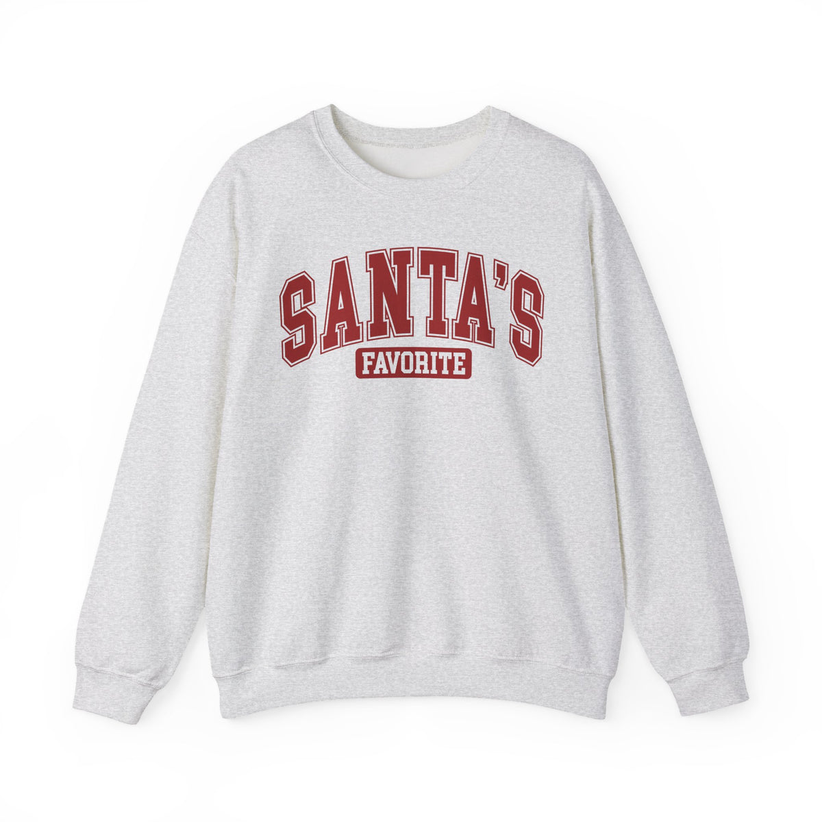 Ash Santa's Favorite sweatshirt with red varsity letters, front view