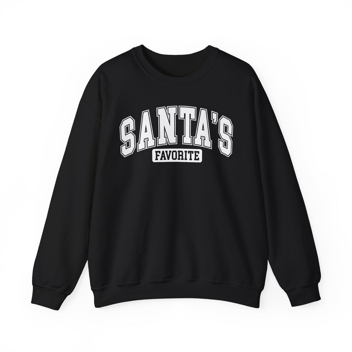 Black Santa's Favorite sweatshirt with red varsity letters, front view