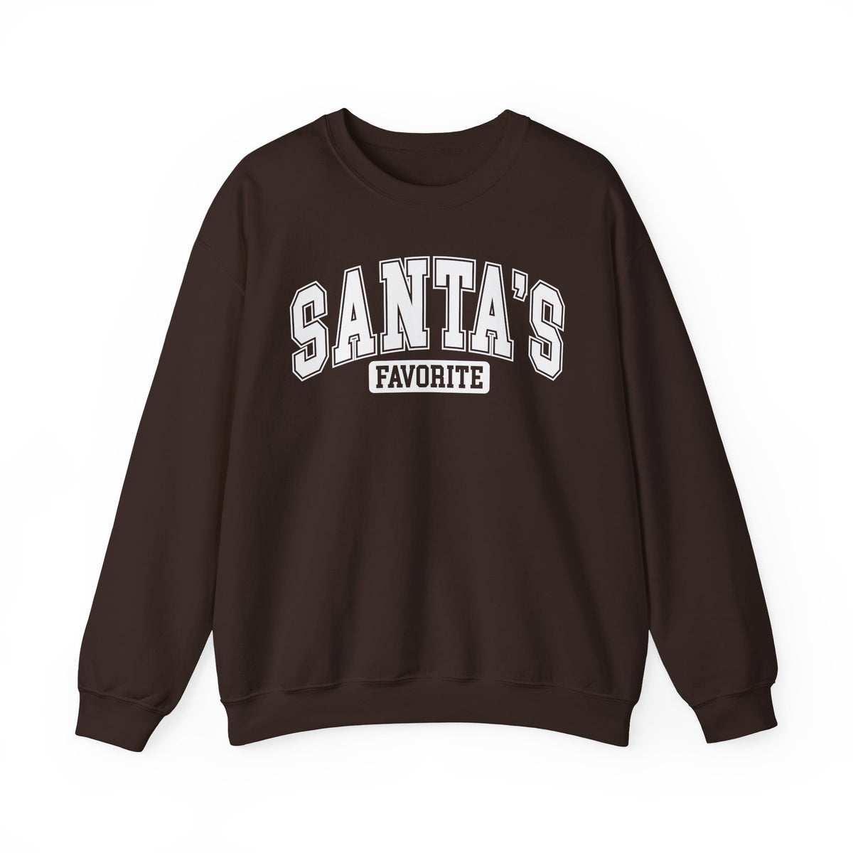 Dark Chocolate Santa's Favorite sweatshirt with red varsity letters, front view