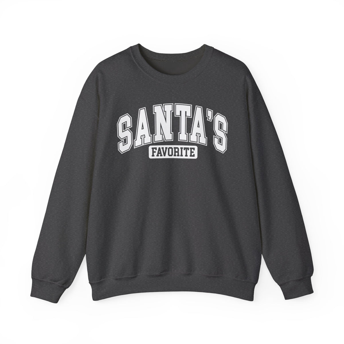 Dark Heather Santa's Favorite sweatshirt with red varsity letters, front view