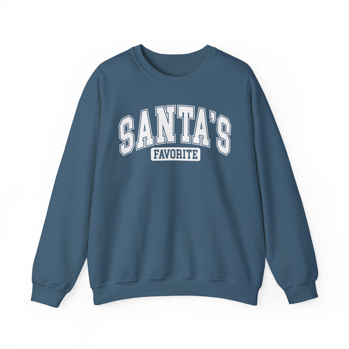 Indigo Blue Santa's Favorite sweatshirt with red varsity letters, front view