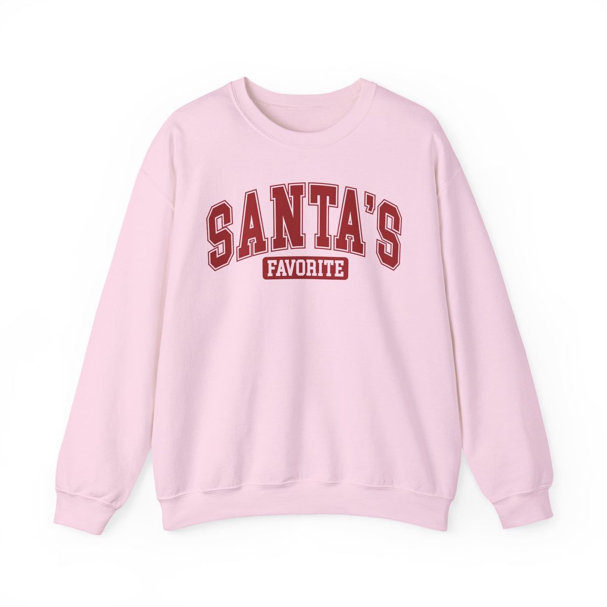 Light Pink Santa's Favorite sweatshirt with red varsity letters, front view