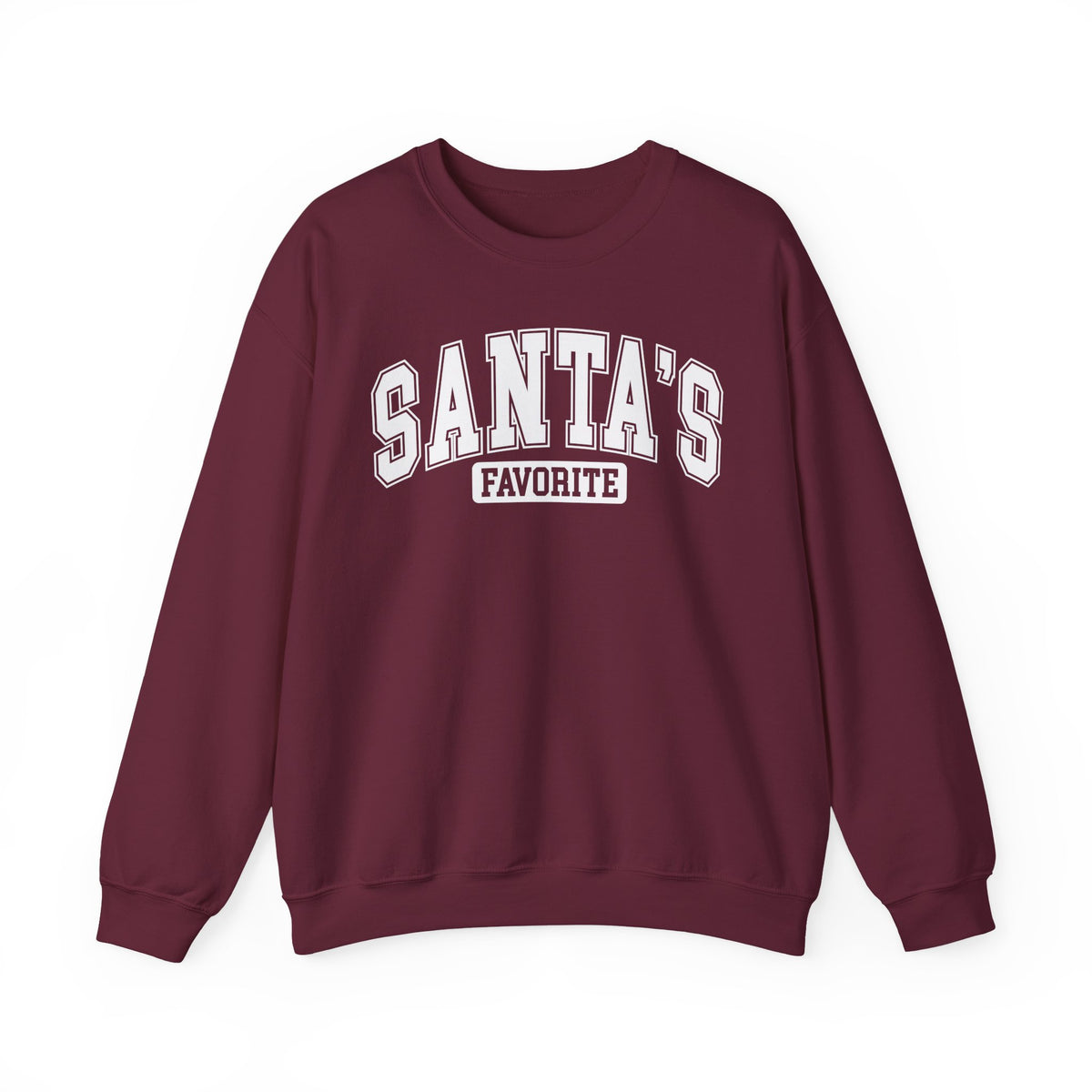 Maroon Santa's Favorite sweatshirt with red varsity letters, front view