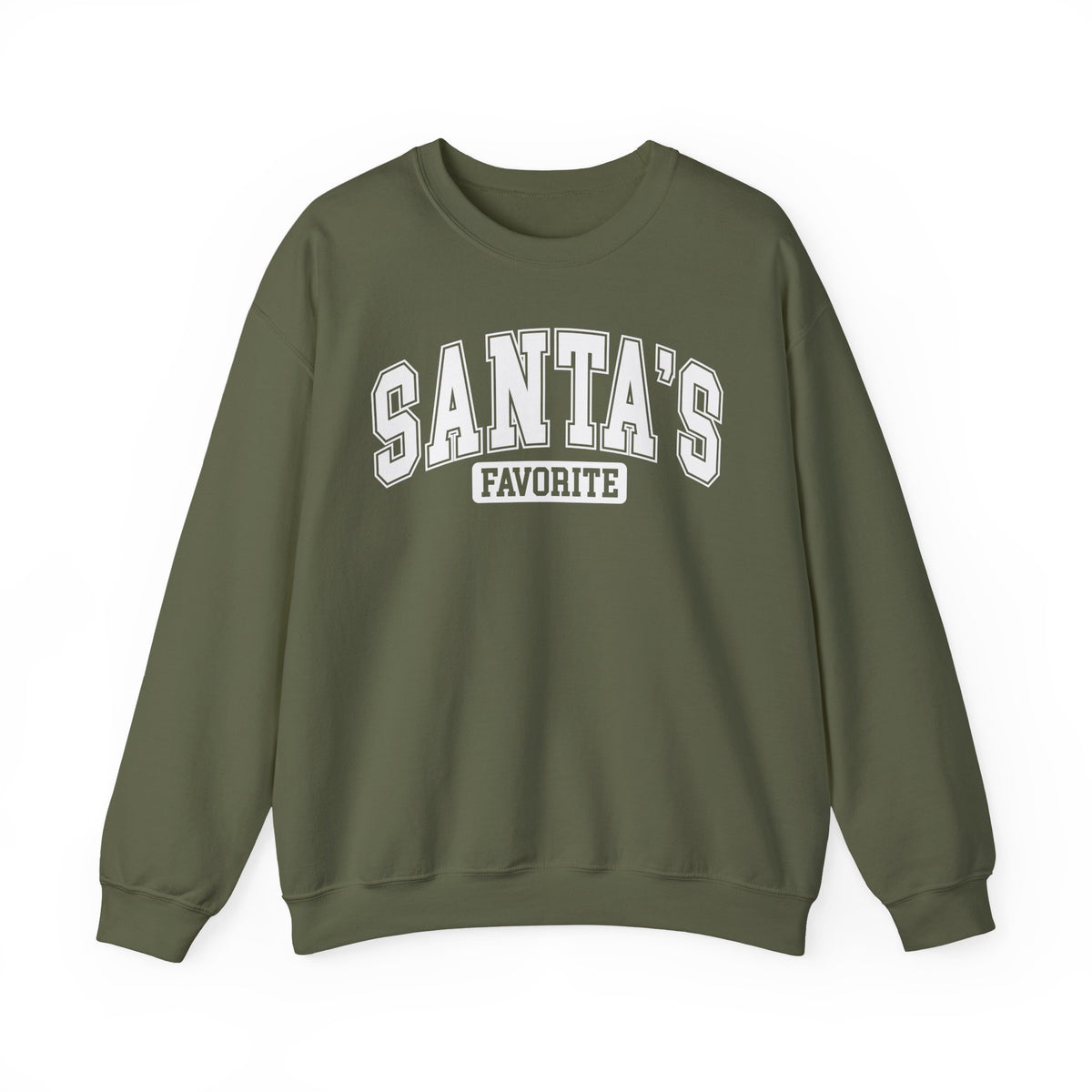Military Green Santa's Favorite sweatshirt with red varsity letters, front view